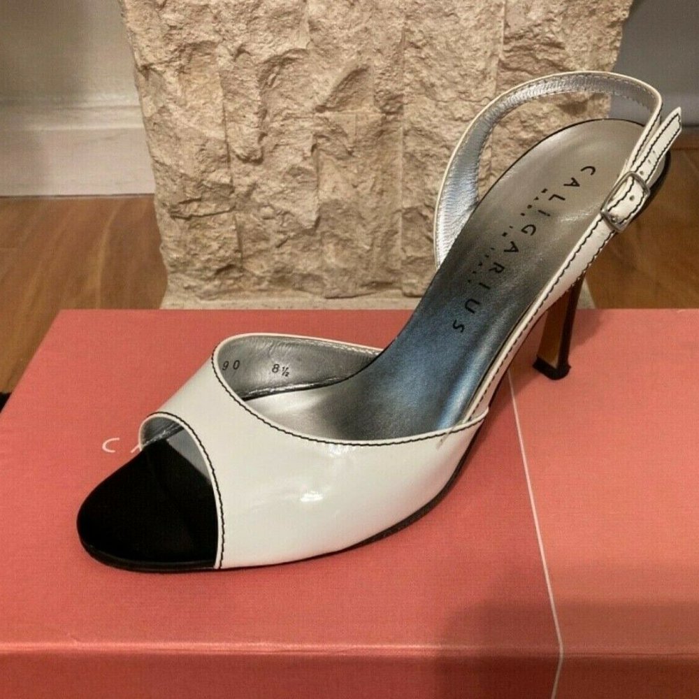 CALIGARIUS BLACK WHITE PATENT LEATHER SLINGBACK PEEP TOE SANDALS PUMPS HEEL 8.5